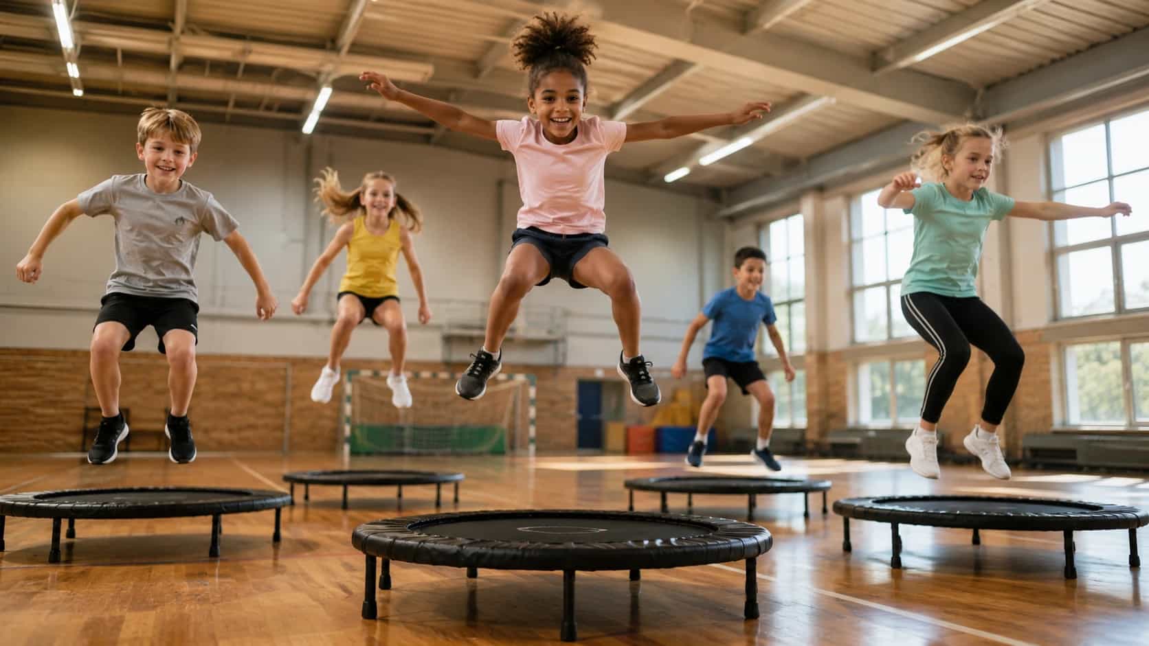 Hopsefrosch Kinder auf einem Trampolin bei der JumpingFit Sportstunde