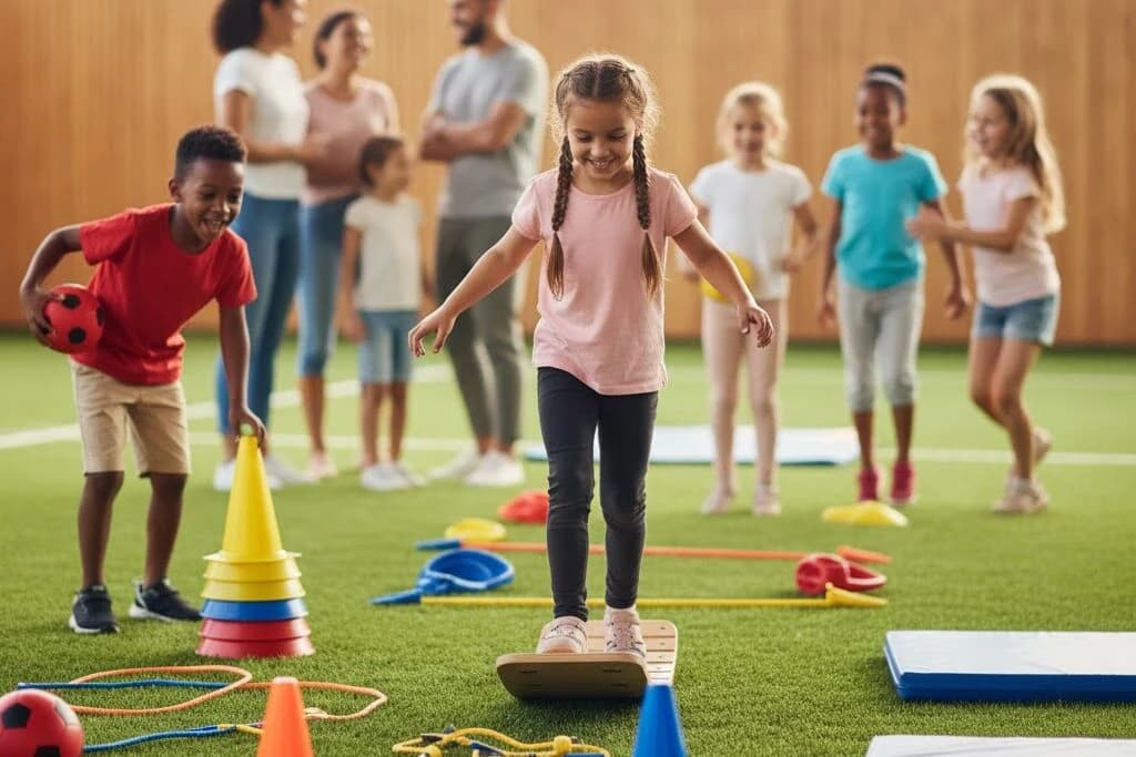 Kinder die mit Parcourzubehör aus dem Hopsefrosch Vermietshop einen Parcour aufgebaut haben
